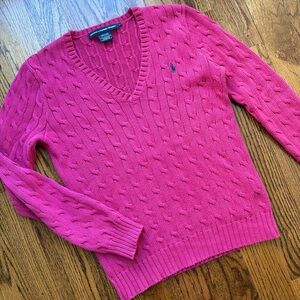 Ralph Lauren Sport Pink Cable-Knit V-Neck Cotton Fisherman-core Sweater-Large
